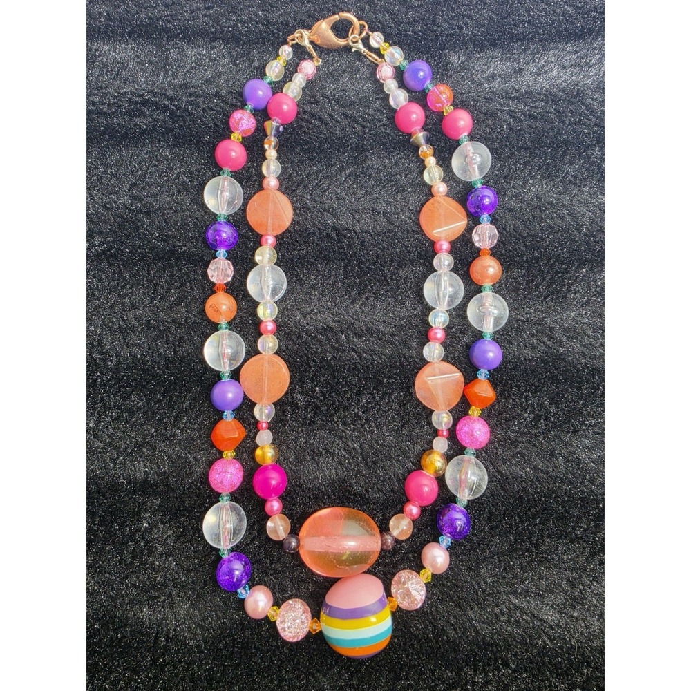 Handmade Colorful Beaded Necklace Pink Purple Orange Chunky Double Strand New